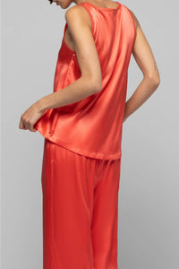 Taila silk round-neck tank top with leather details - Coral