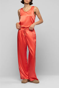 Taila silk round-neck tank top with leather details - Coral