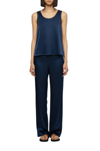 Taila silk round-neck tank top with leather details - Navy