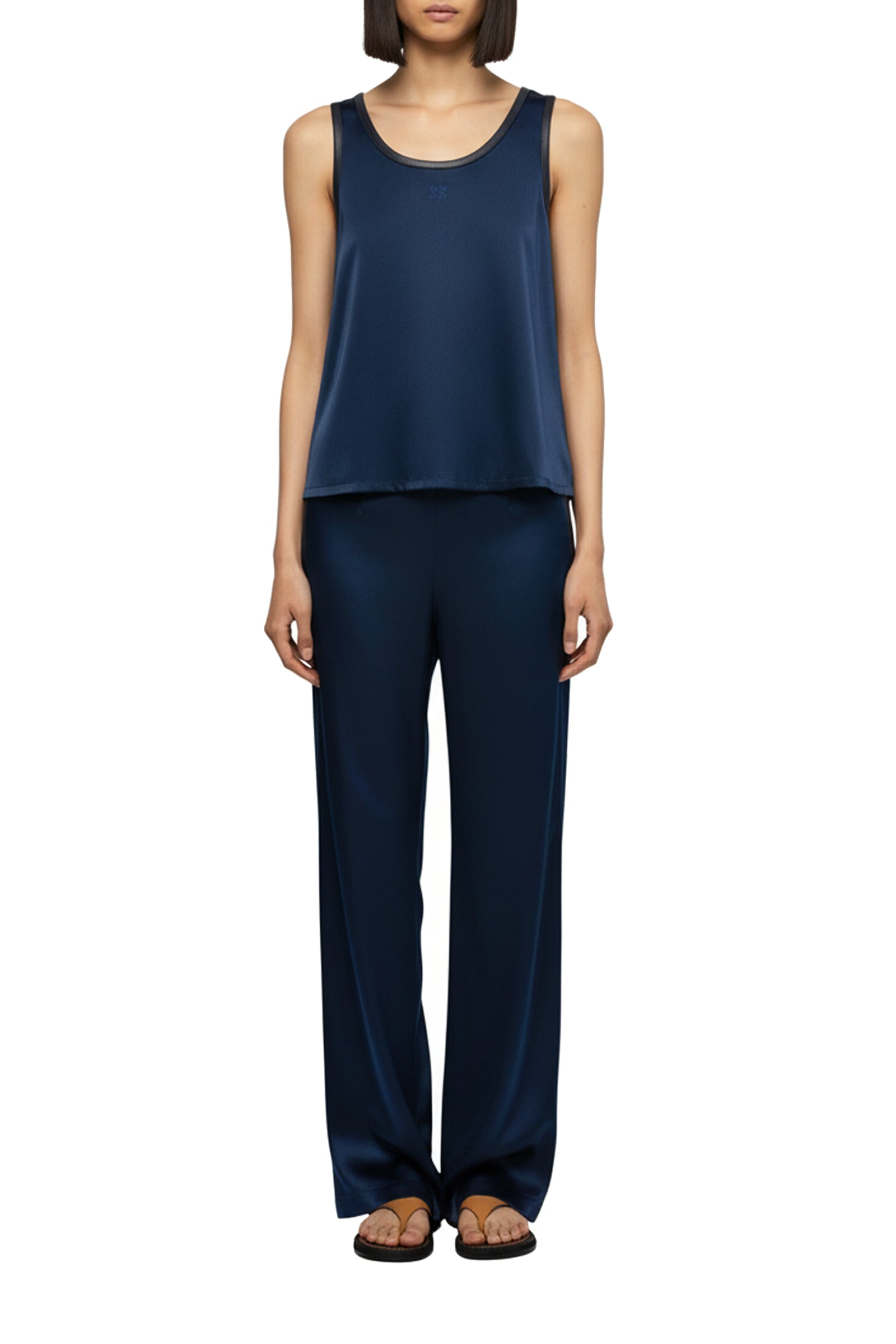 Taila silk round-neck tank top with leather details - Navy