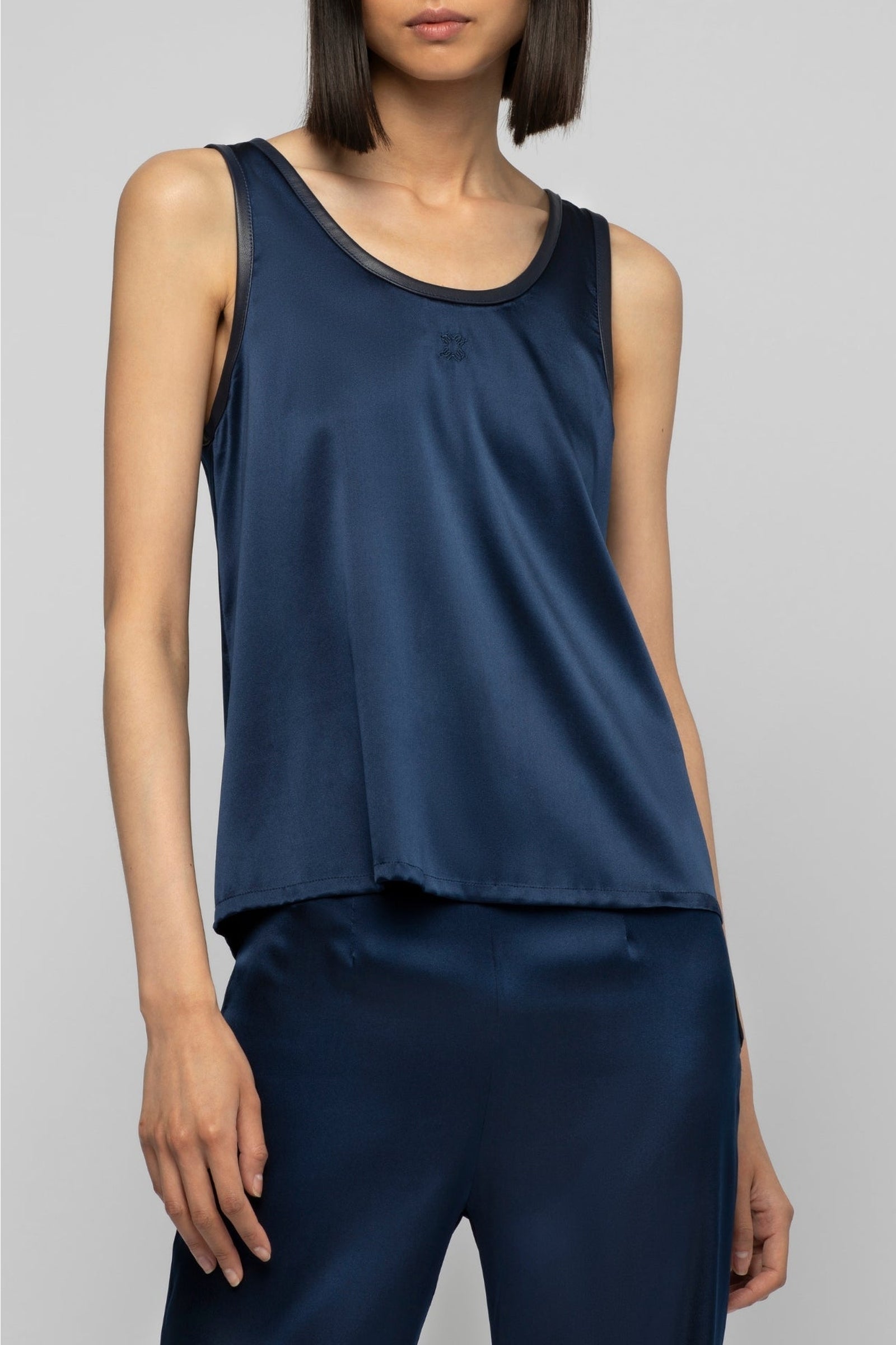 Taila silk round-neck tank top with leather details - Navy