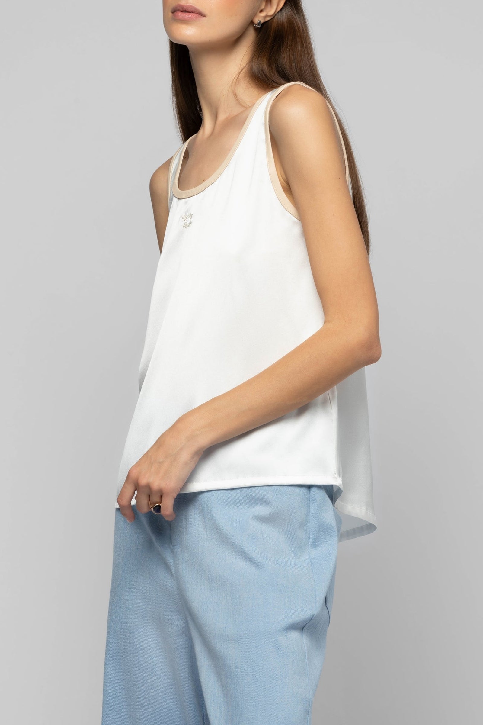 Taila silk round-neck tank top with leather details - White