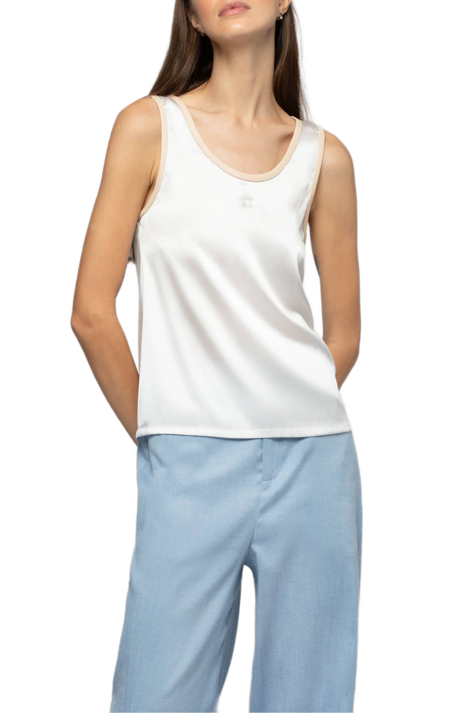 Taila silk round-neck tank top with leather details - White