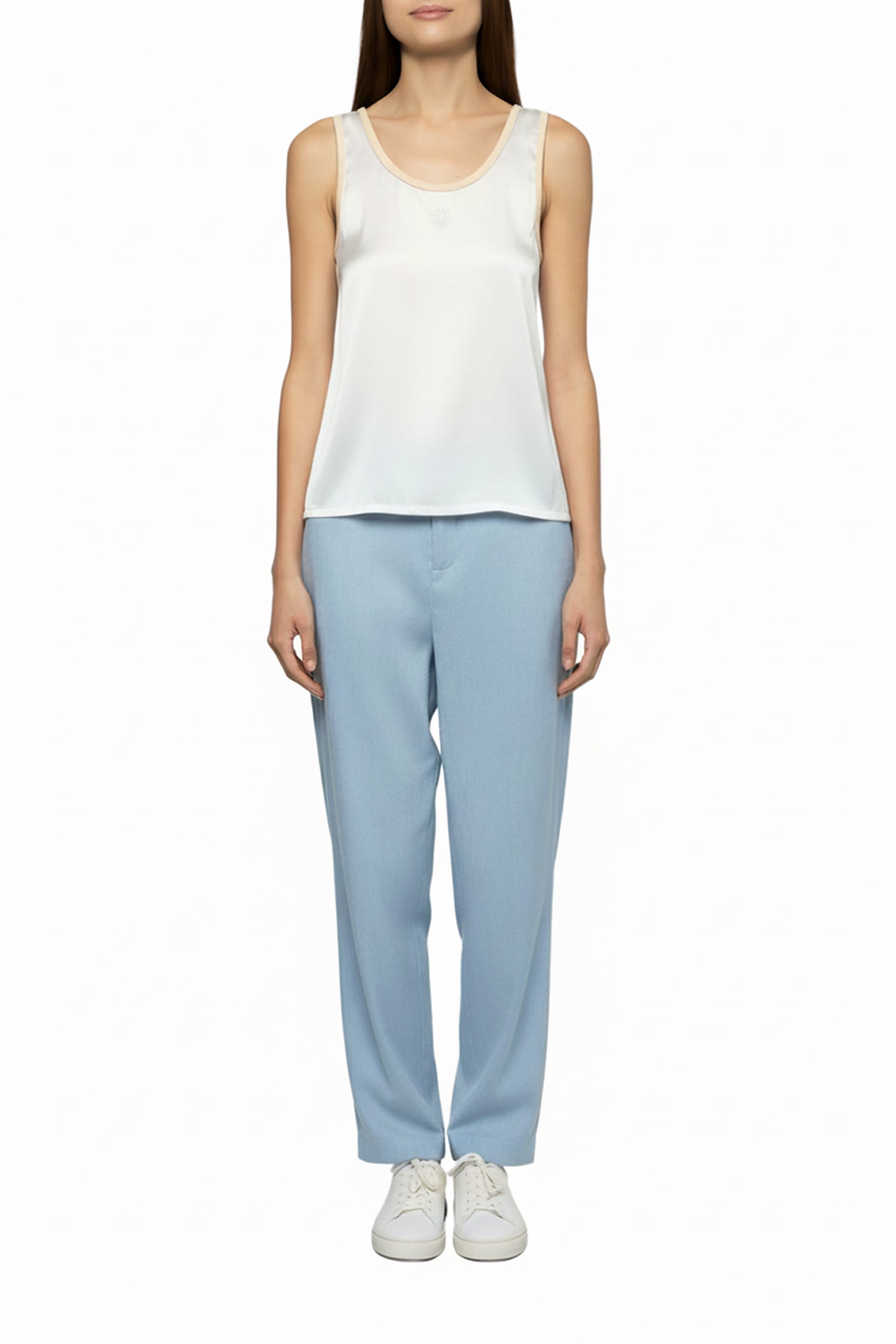 Taila silk round-neck tank top with leather details - White