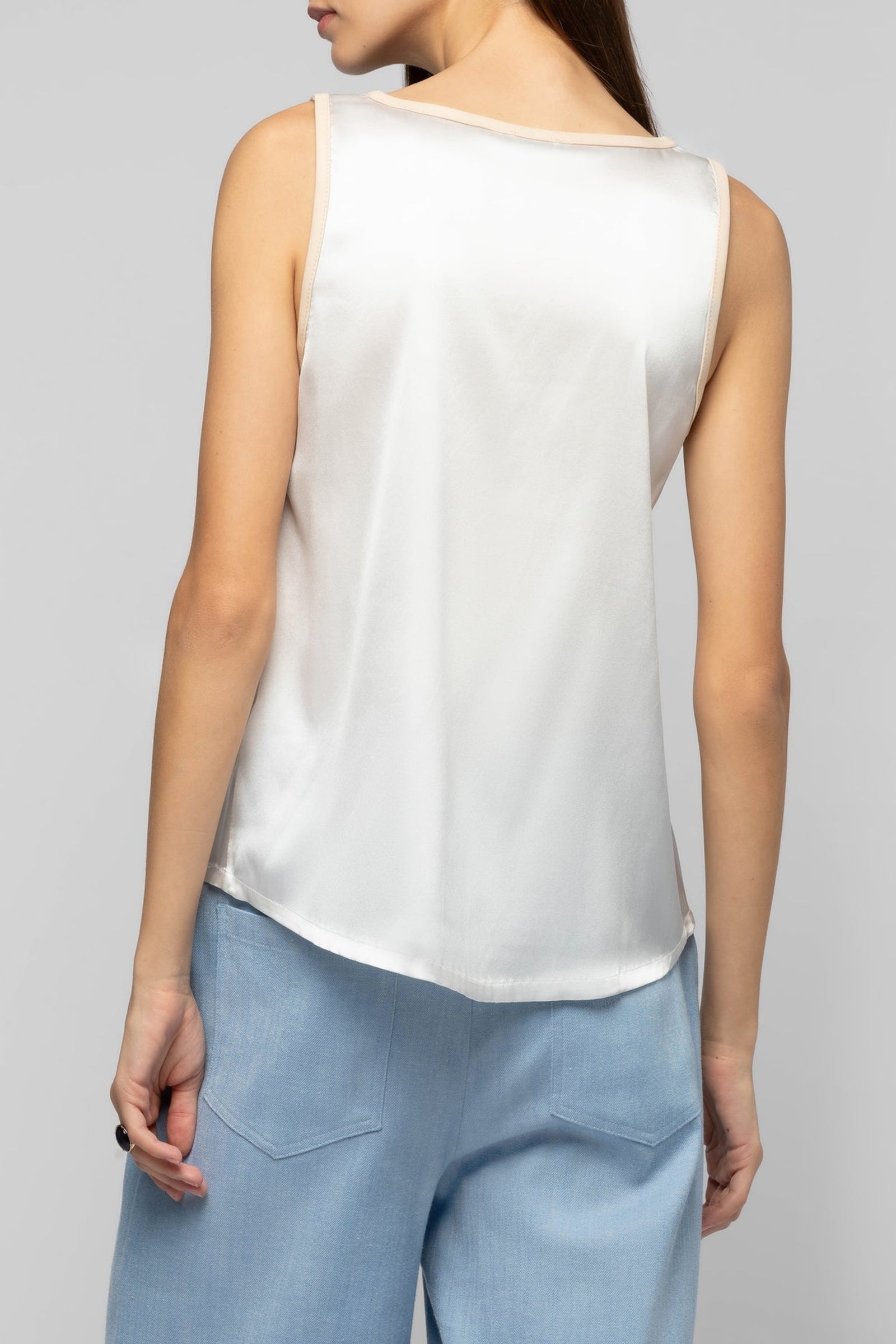 Taila silk round-neck tank top with leather details - White