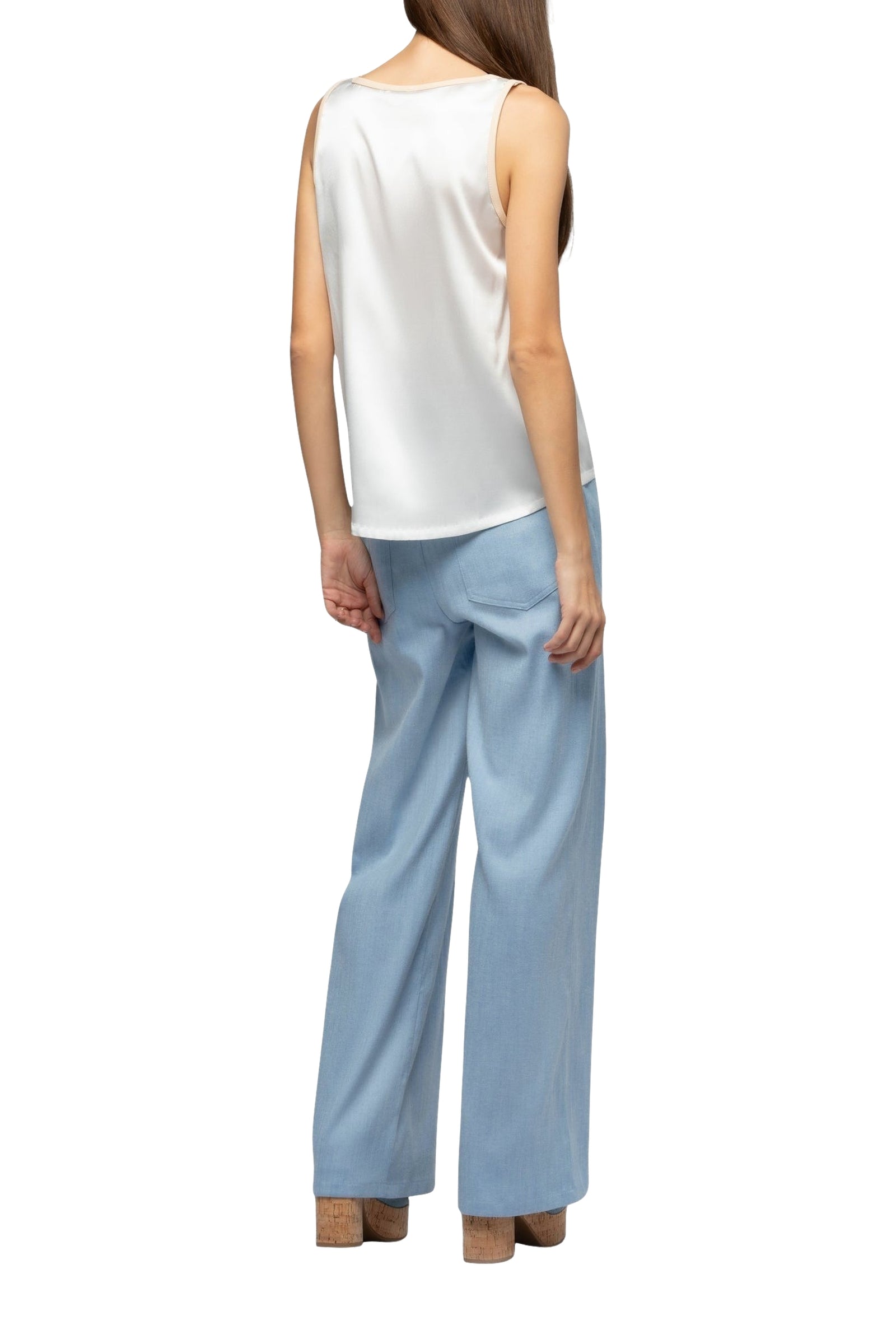 Taila silk round-neck tank top with leather details - White