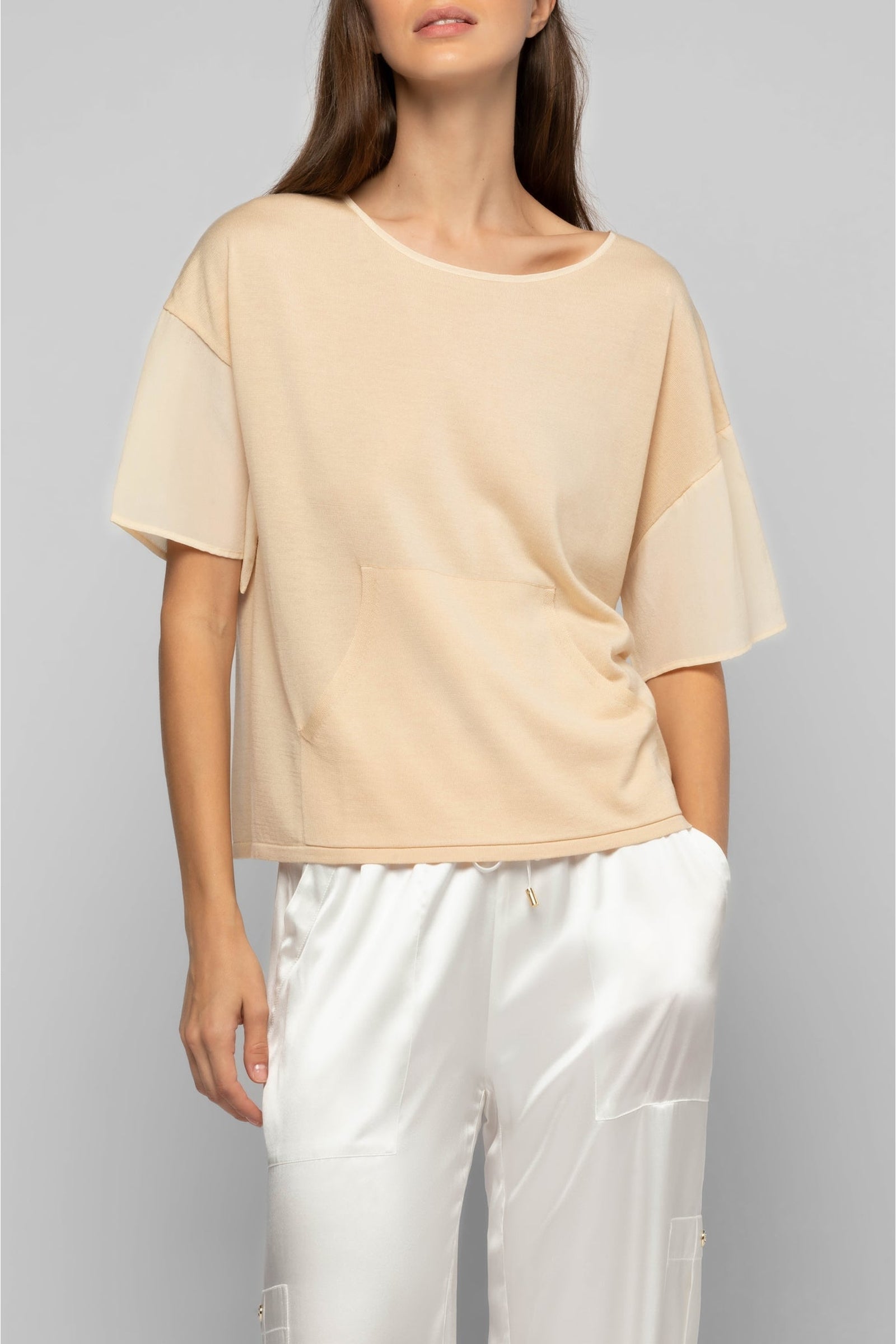 Tamira short-sleeved ultra-fine knit T-shirt - Beige