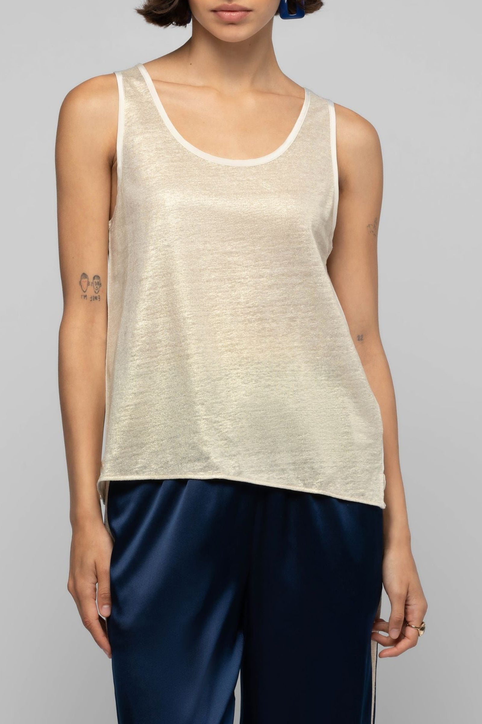 Tanna bi-material tank top in linen and silk - Beige