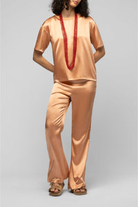 Top Tava manches courtes et ample en soie stretch - Camel