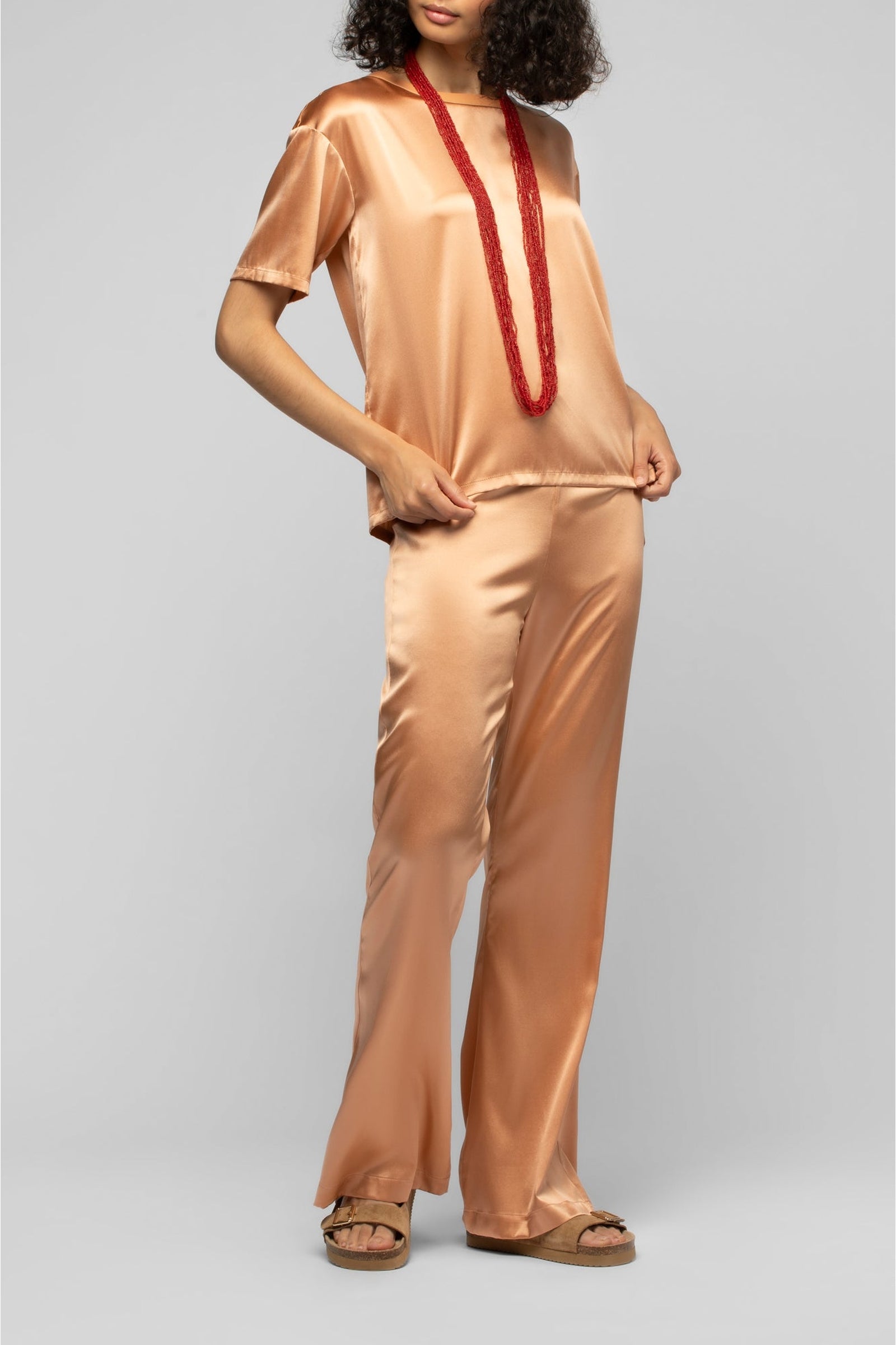 Top Tava manches courtes et ample en soie stretch - Camel