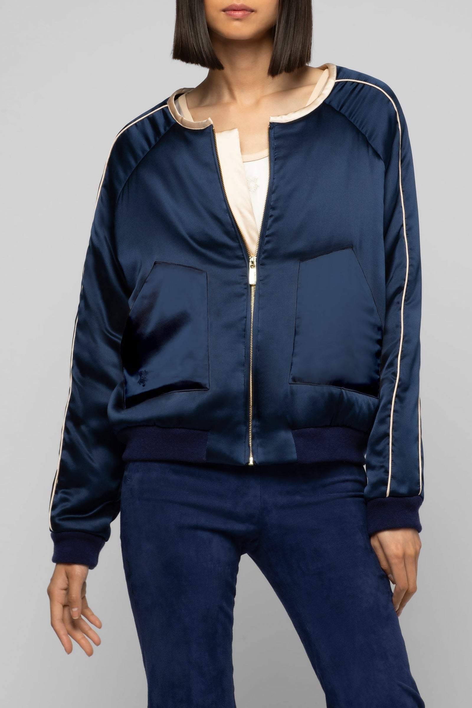 Valais bombers jacket in silk with contrasting details - Navy