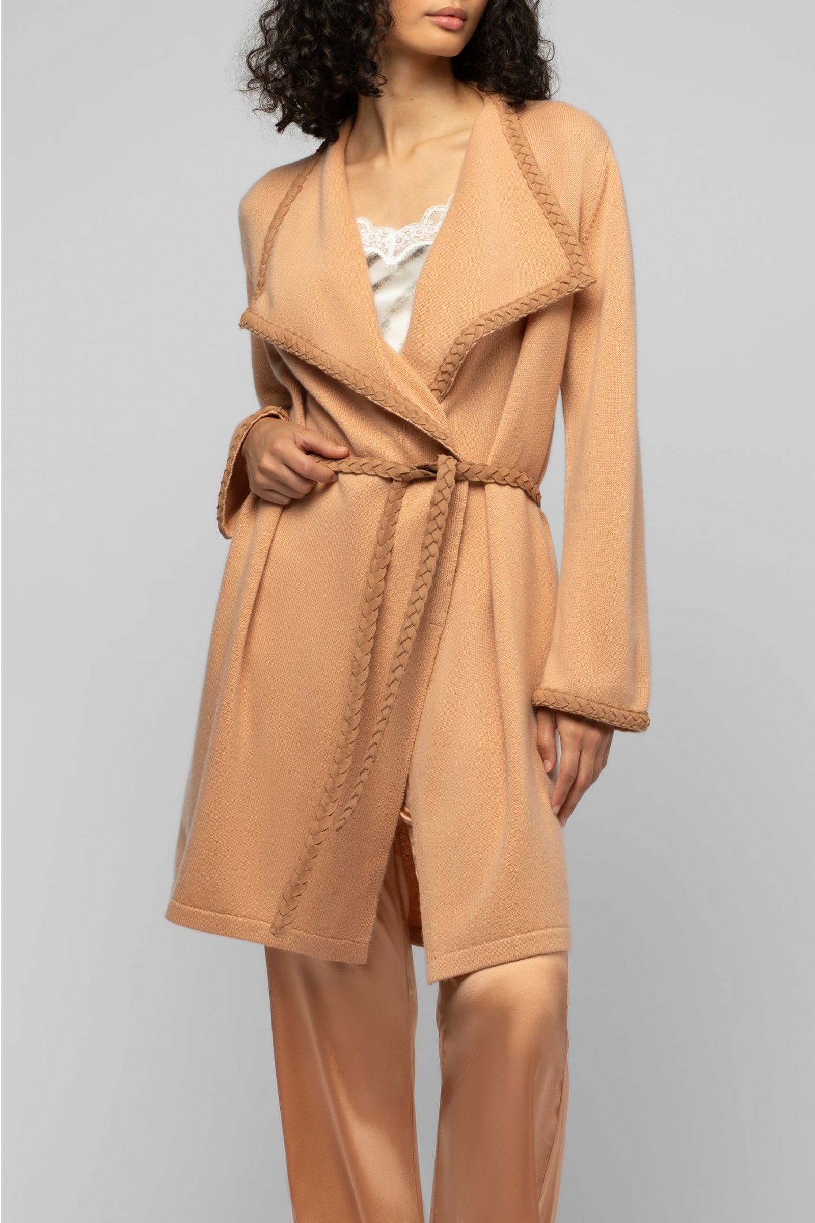 Veste Valyssa longue en cachemire et laine à ceinture - Camel