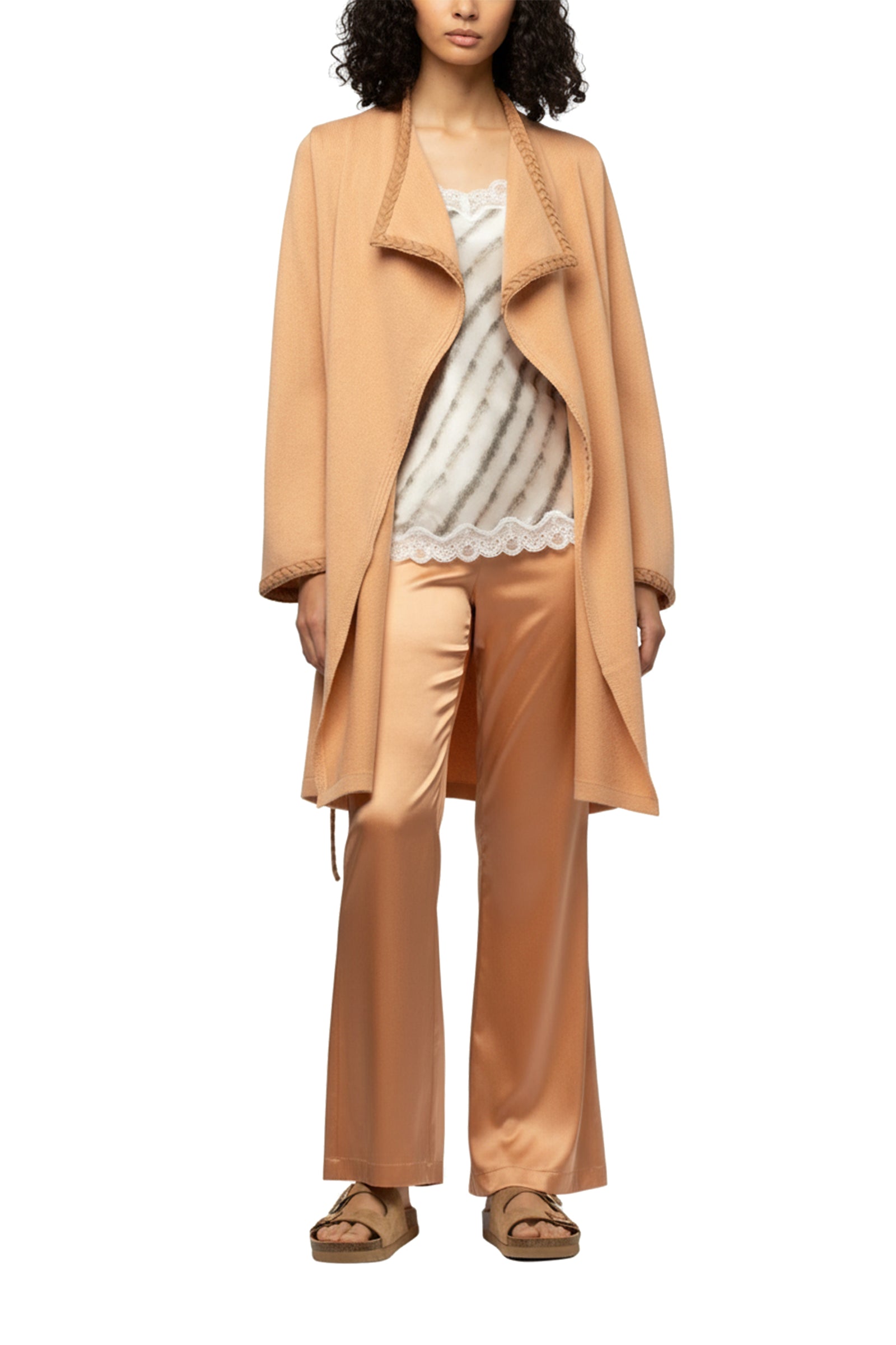 Veste Valyssa longue en cachemire et laine à ceinture - Camel