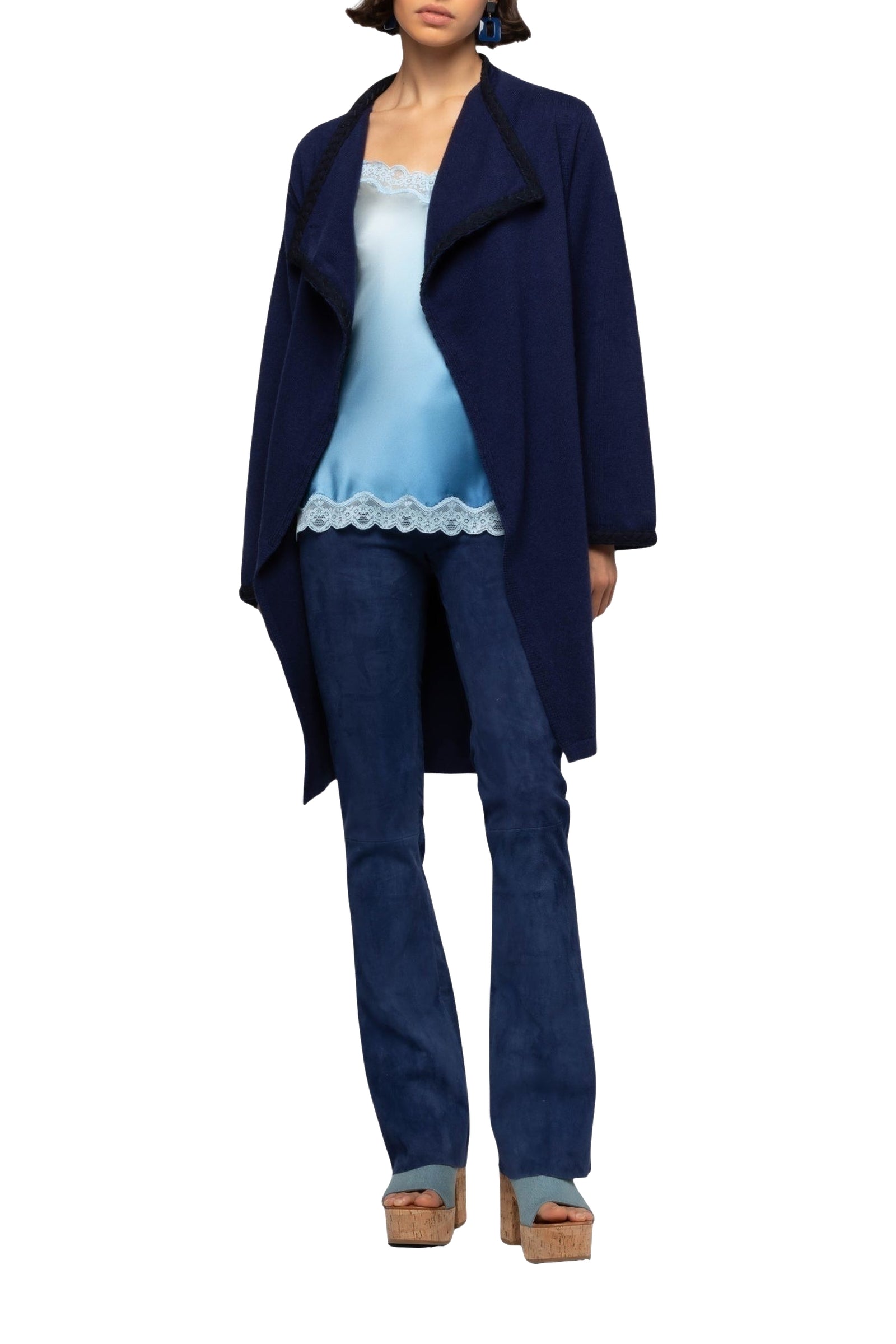 Valyssa long cashmere and wool jacket with belt - Navy