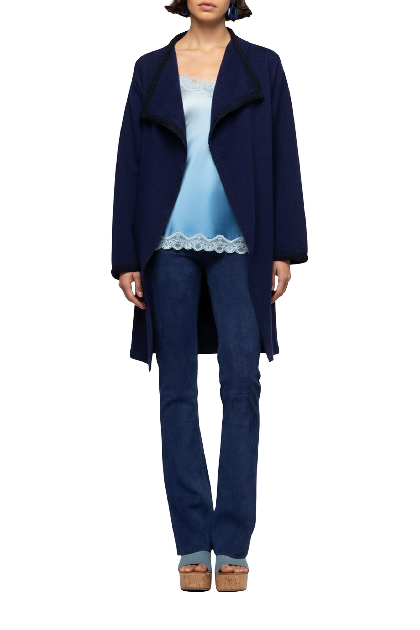 Valyssa long cashmere and wool jacket with belt - Navy