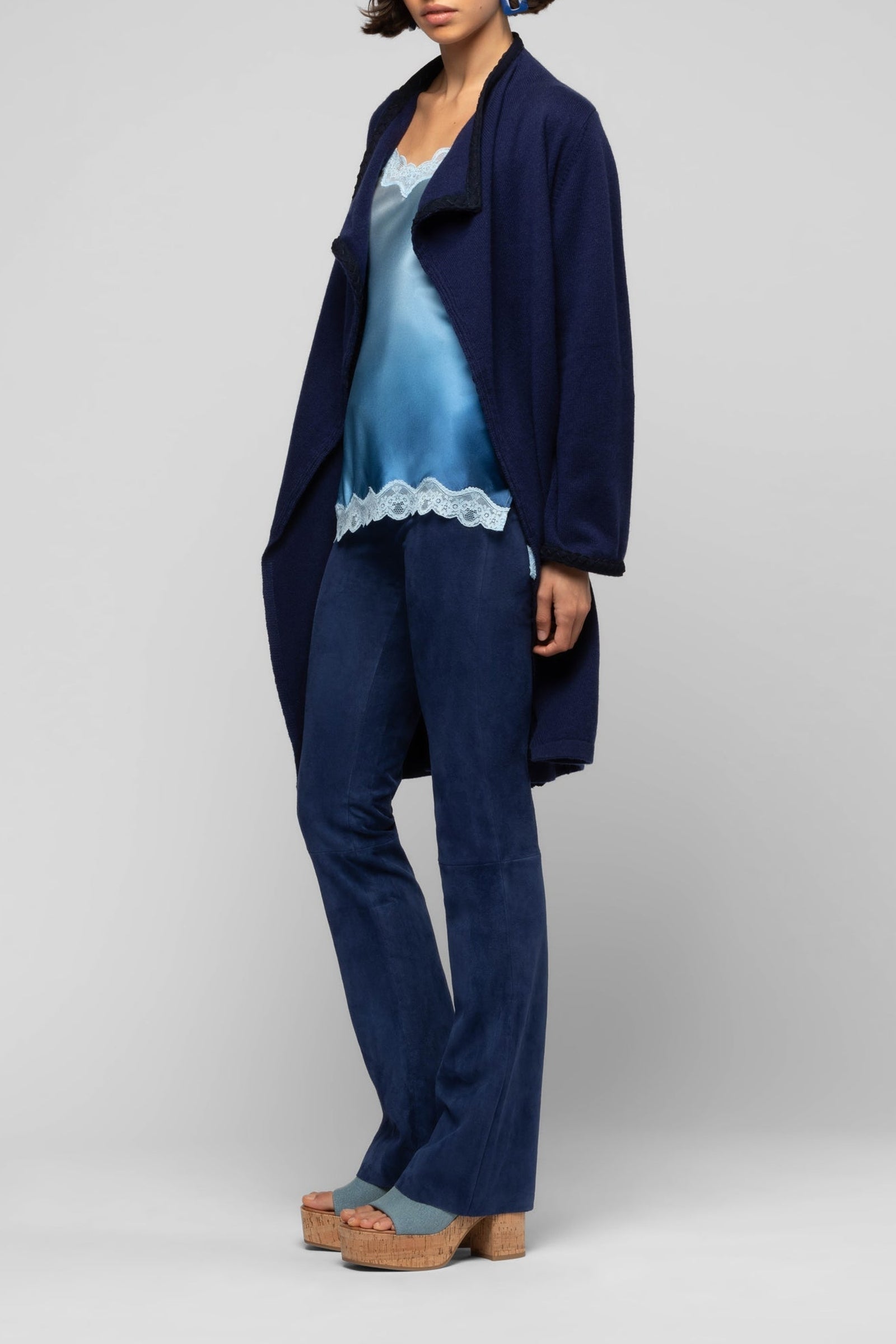 Valyssa long cashmere and wool jacket with belt - Navy