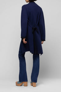 Valyssa long cashmere and wool jacket with belt - Navy