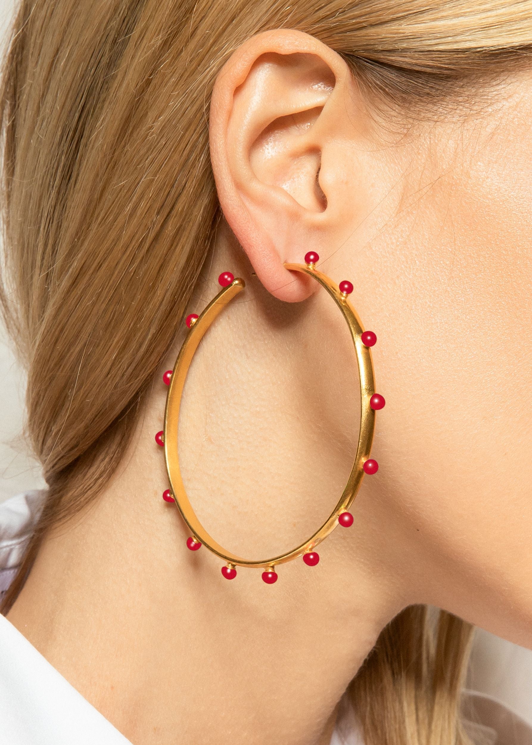 Boucles d'oreilles Créole XXL dorées à l'or fin et émail - Rouge