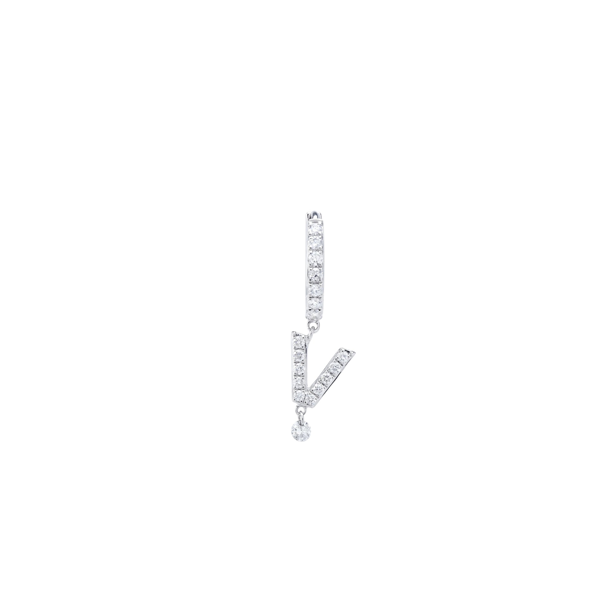 Mono boucle Alphabet Lettre V pavée de diamants - Or Blanc