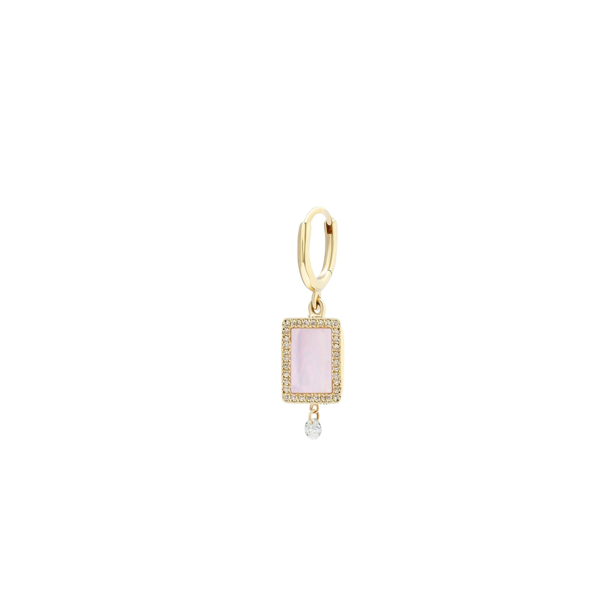Mono boucle Iris rectangulaire en nacre rose sertie de diamants - Or Jaune