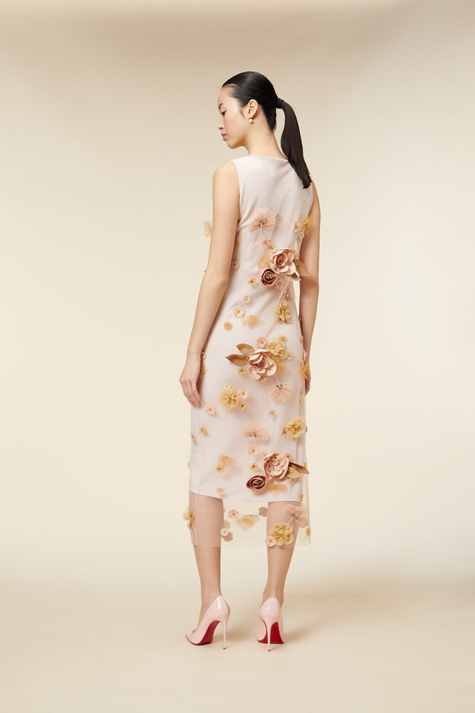 Pink / FLORAL EMBROIDERY MIDI DRESS
