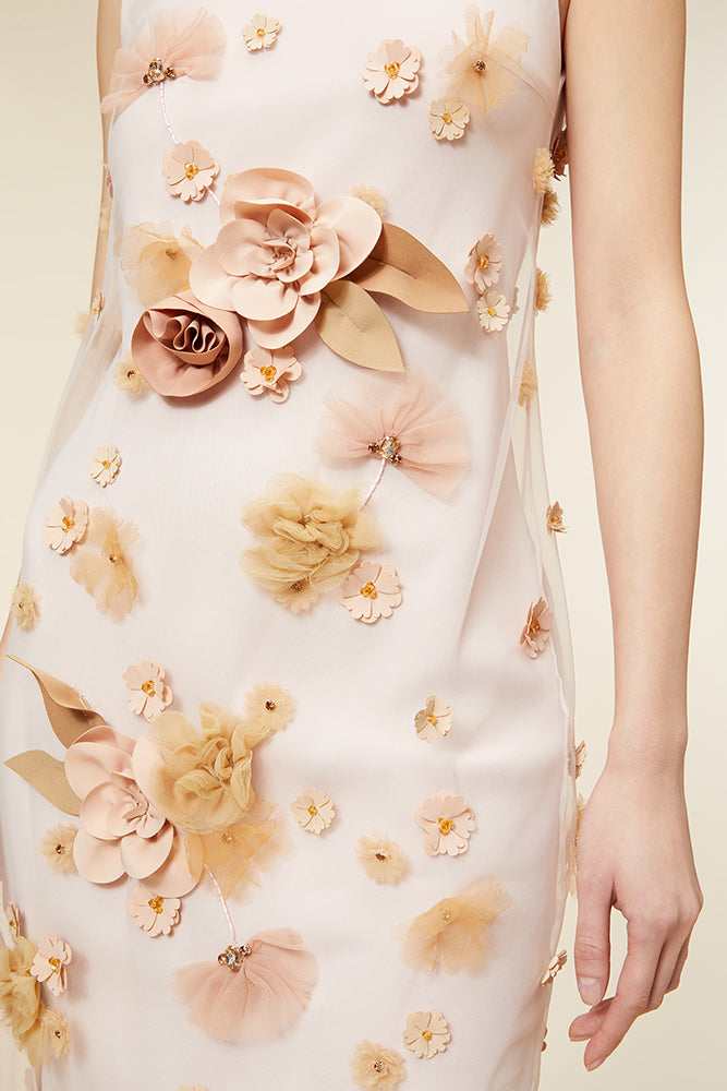 Pink / FLORAL EMBROIDERY MIDI DRESS