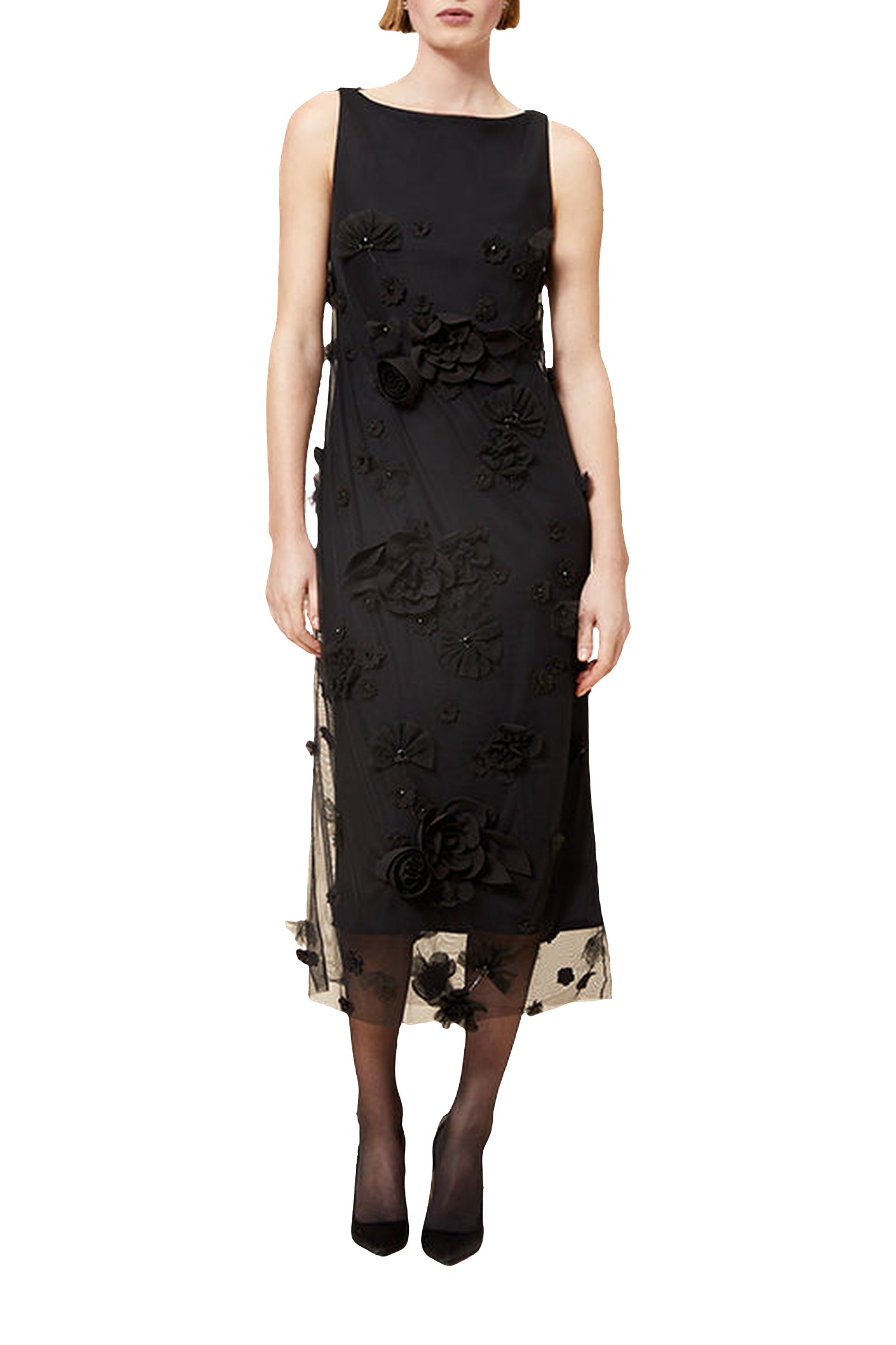 Robe midi à broderies florales - Black