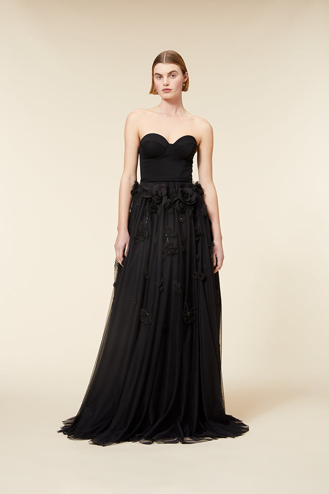 Black / FLORAL EMBROIDERY CORSET DRESS