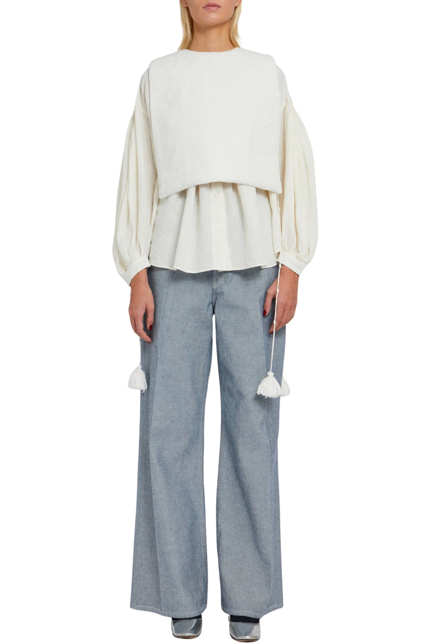 Plastron Edna brodé en lin - White
