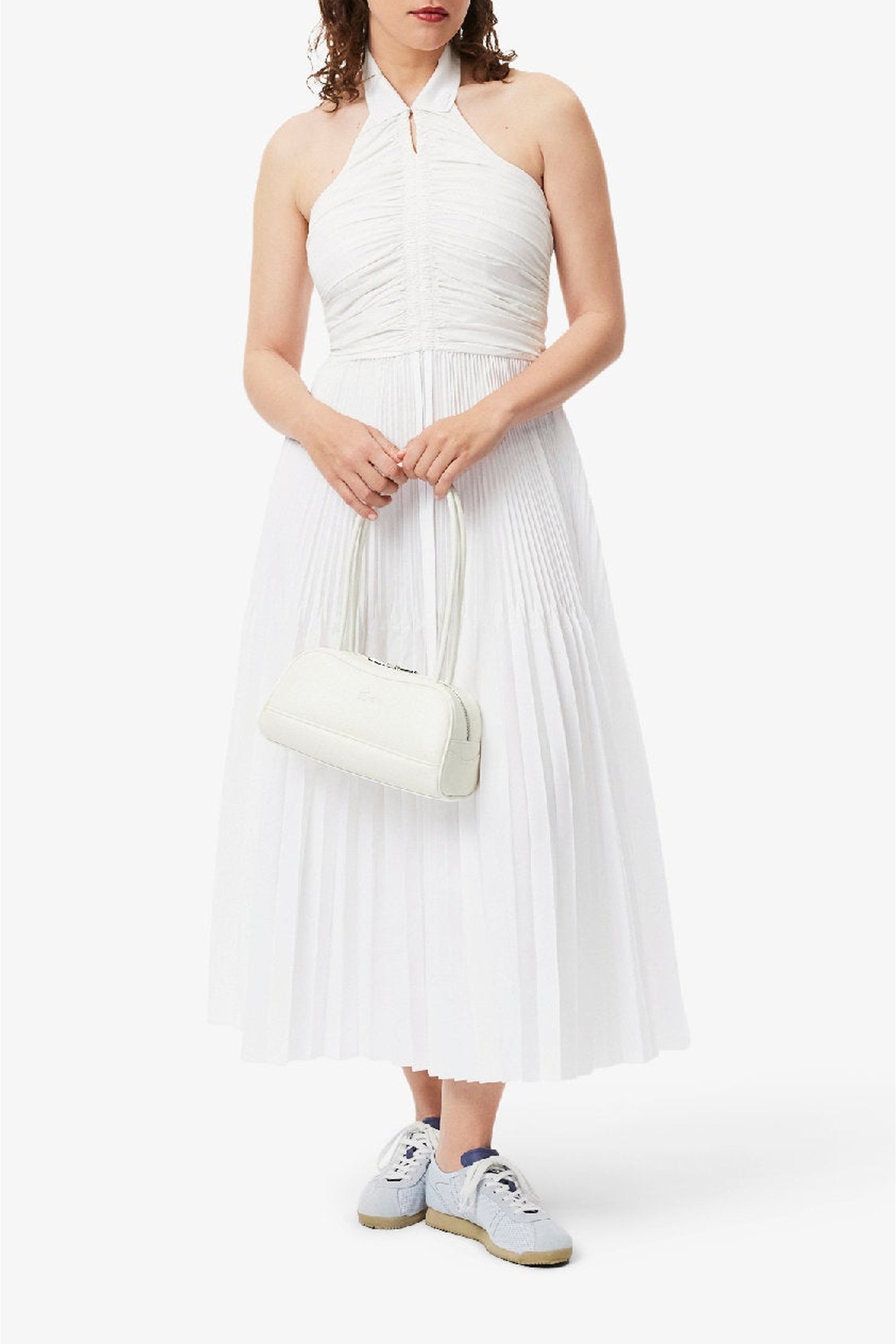 Sleeveless pleated polo dress - White