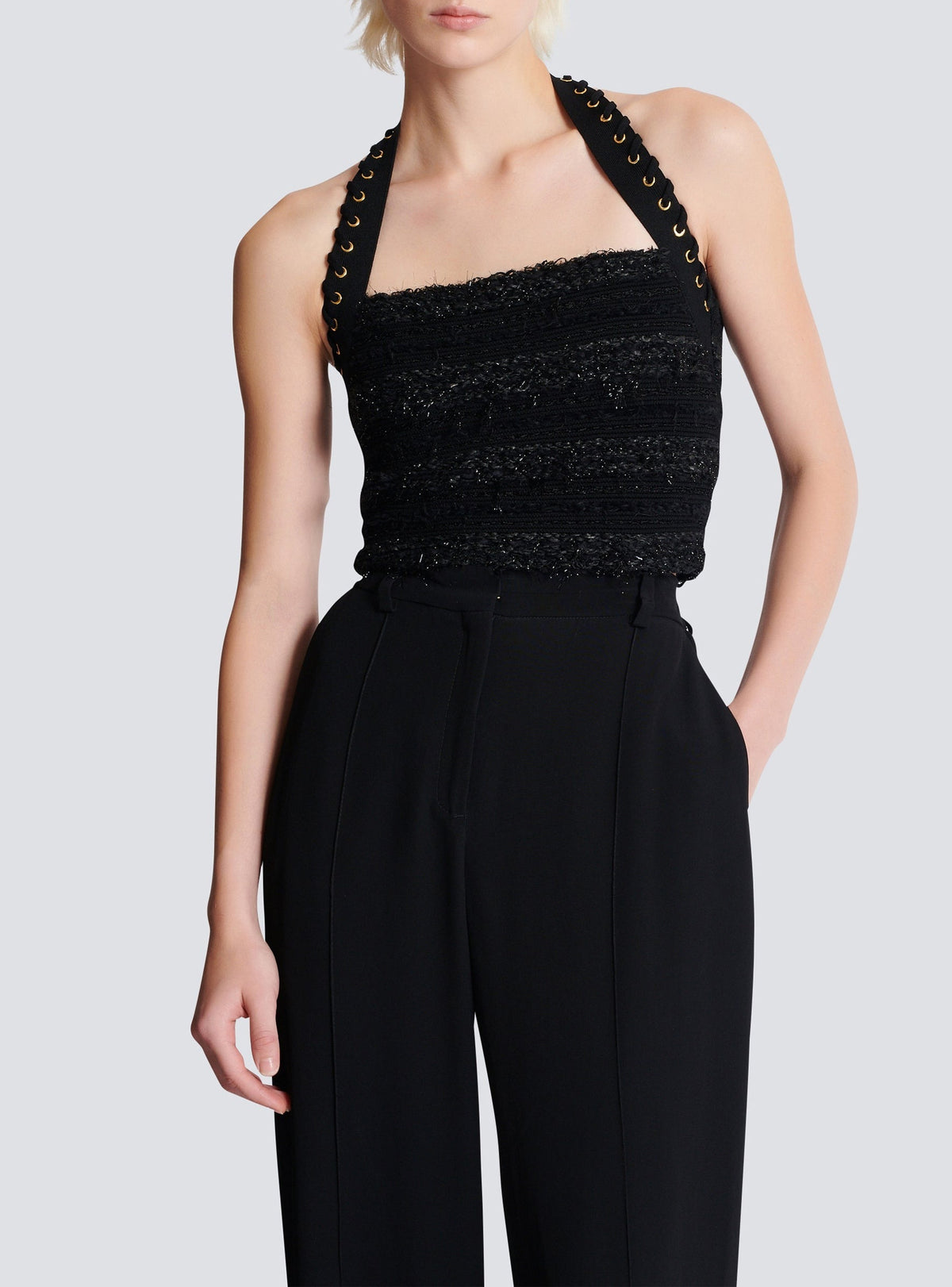 Tweed-effect knit halter top - Black & Gold