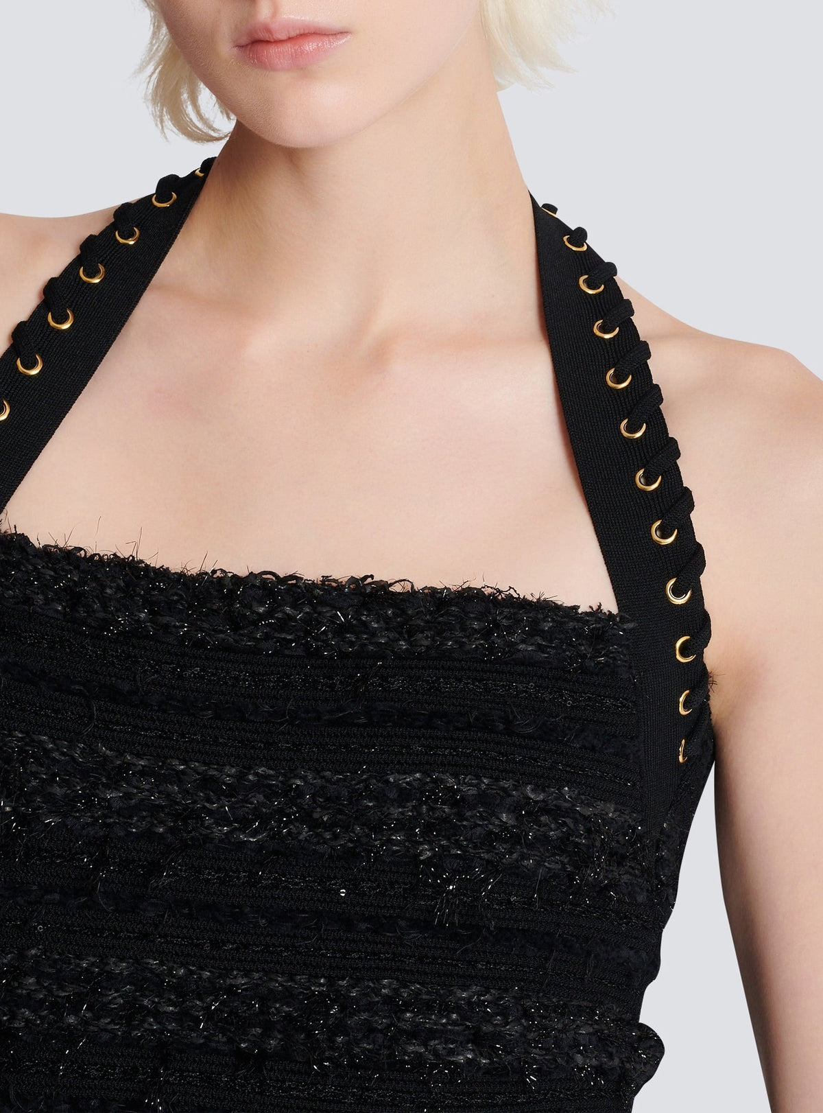 Tweed-effect knit halter top - Black & Gold