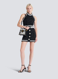 Top dos-nu en tweed polka dots brodé  - Noir & Blanc & Cristal