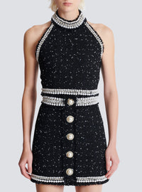 Top dos-nu en tweed polka dots brodé  - Noir & Blanc & Cristal