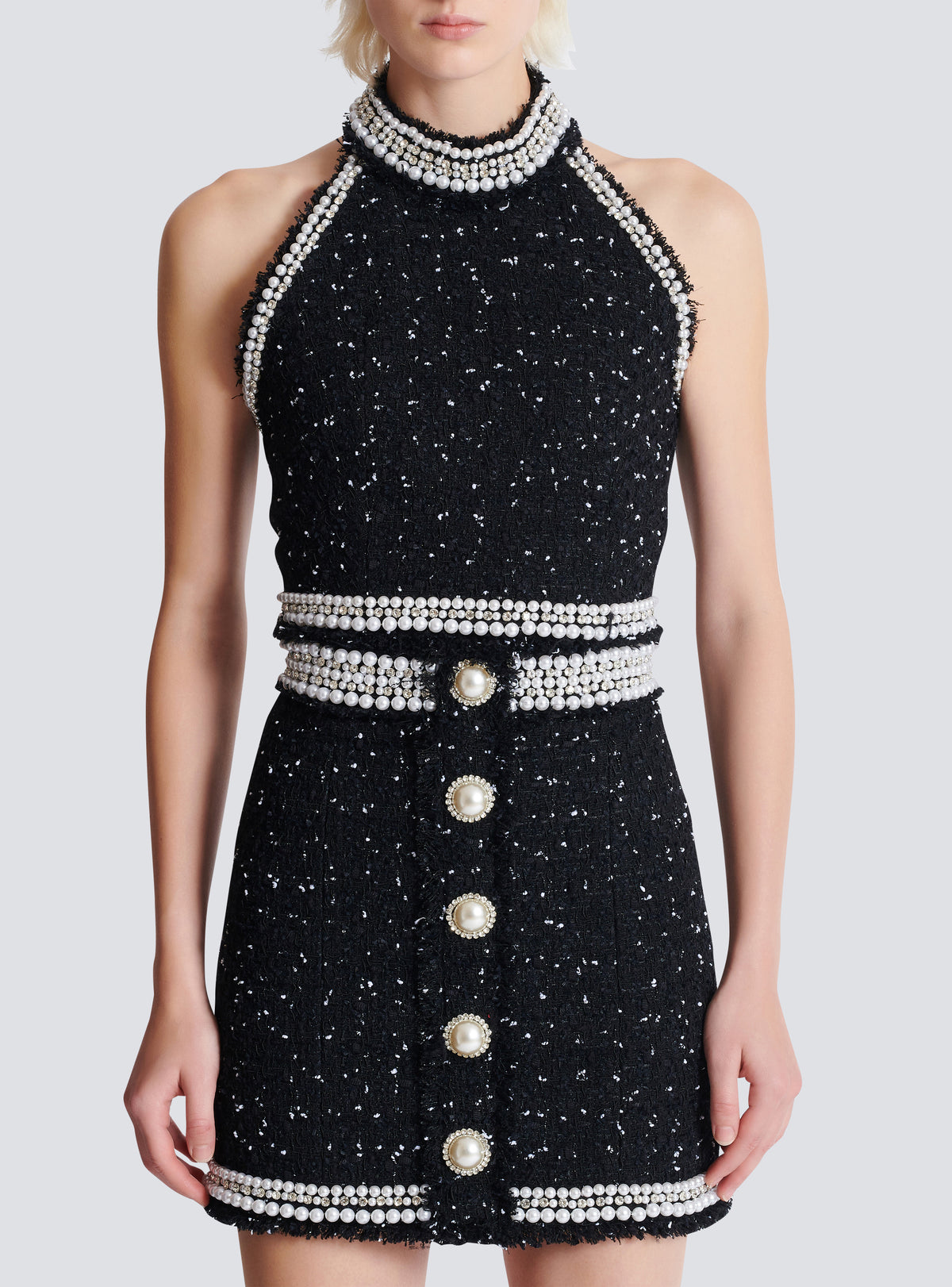 Top dos-nu en tweed polka dots brodé  - Noir & Blanc & Cristal