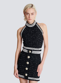 Top dos-nu en tweed polka dots brodé  - Noir & Blanc & Cristal