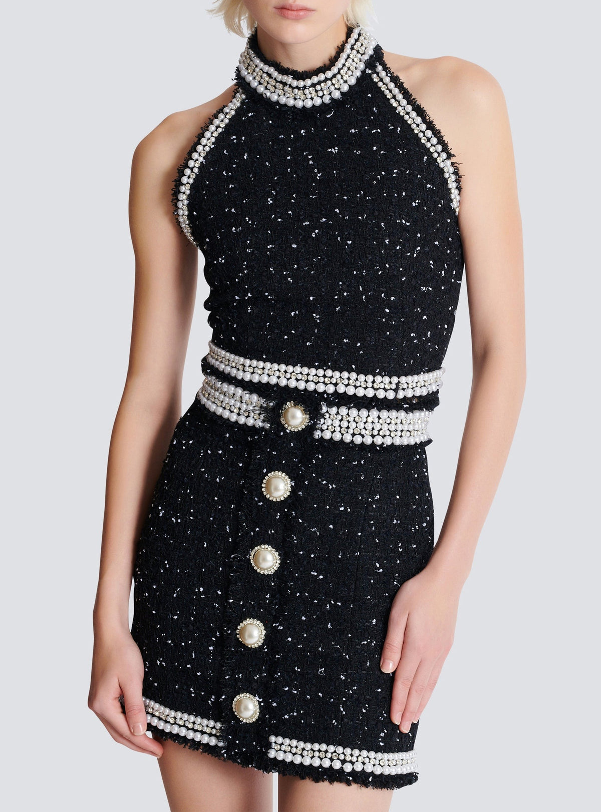 Embroidered polka dot tweed halter top - Black & White & Crystal