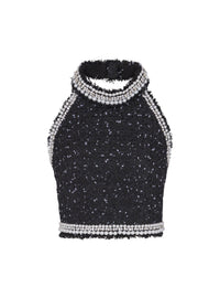 Top dos-nu en tweed polka dots brodé  - Noir & Blanc & Cristal