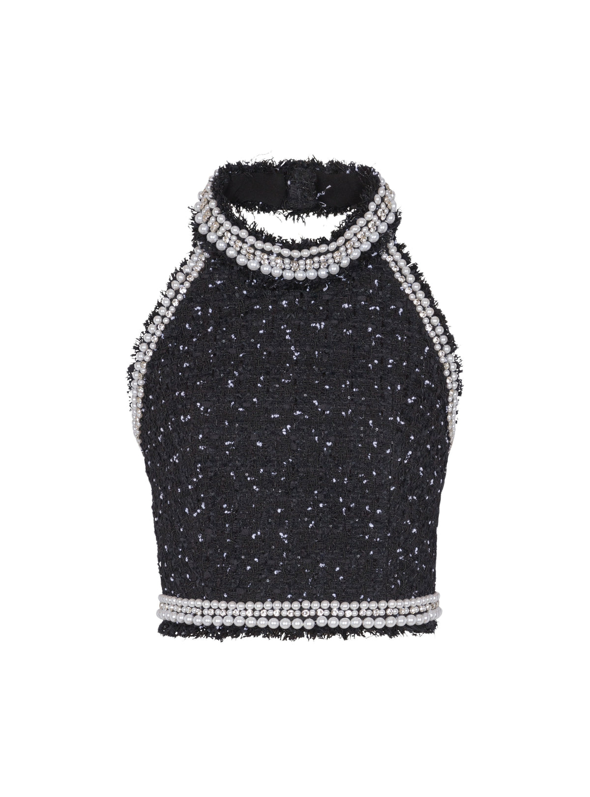 Top dos-nu en tweed polka dots brodé  - Noir & Blanc & Cristal