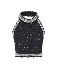 Top dos-nu en tweed polka dots brodé  - Noir & Blanc & Cristal