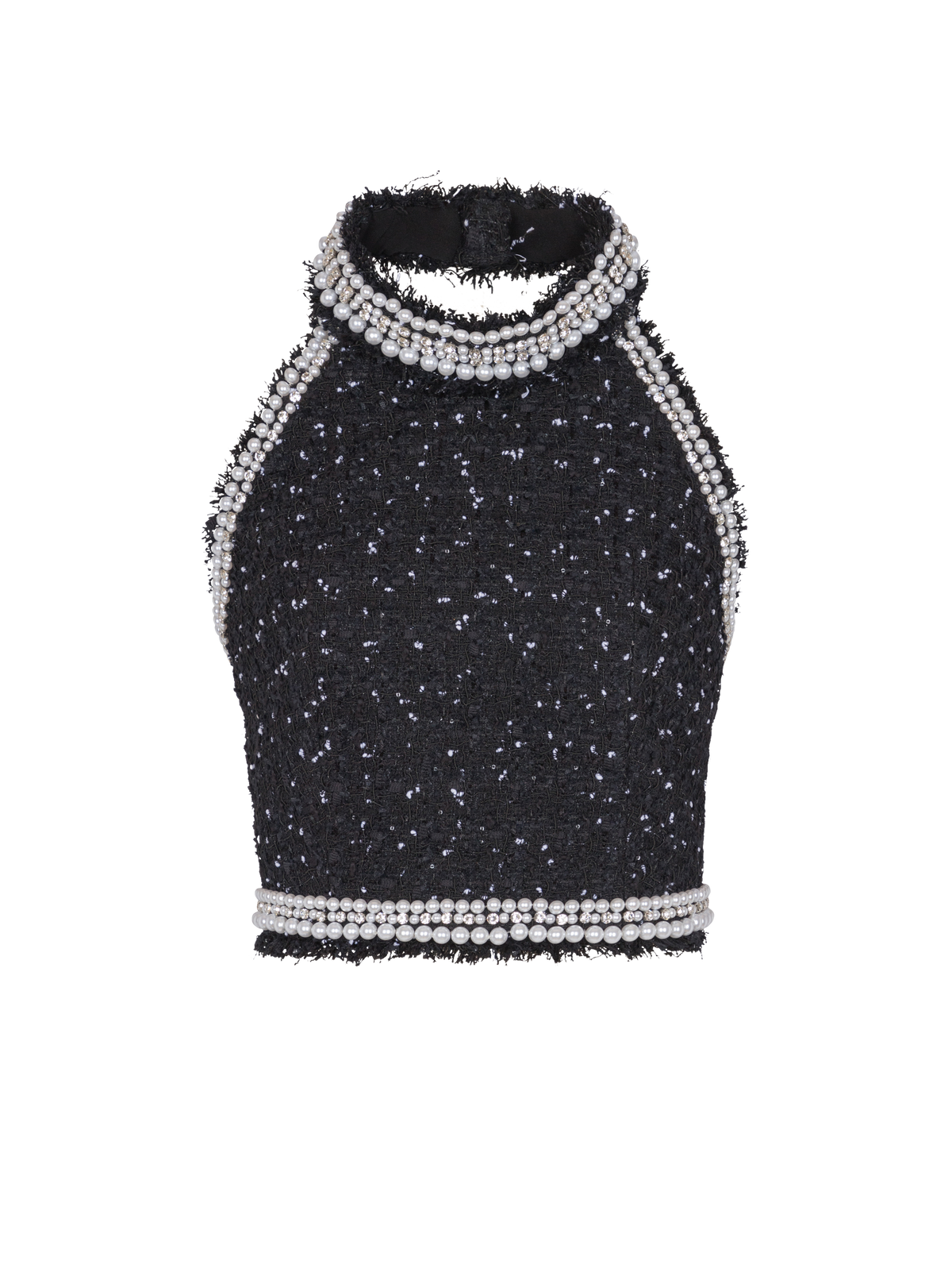 Top dos-nu en tweed polka dots brodé  - Noir & Blanc & Cristal