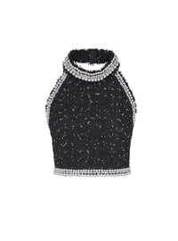 Embroidered polka dot tweed halter top - Black & White & Crystal