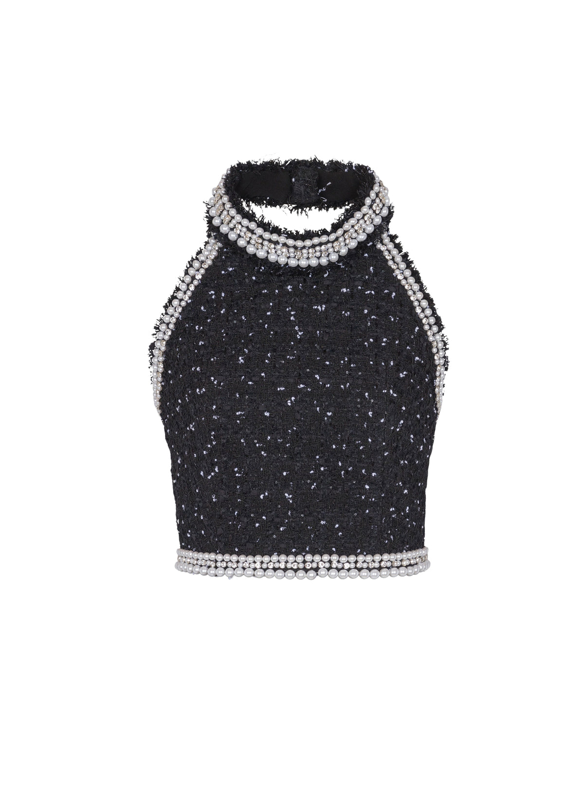 Embroidered polka dot tweed halter top - Black & White & Crystal