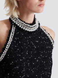 Embroidered polka dot tweed halter top - Black & White & Crystal