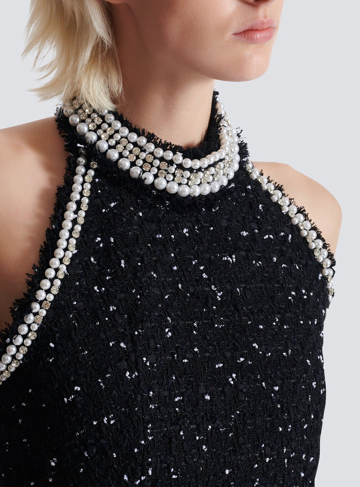 Embroidered polka dot tweed halter top - Black & White & Crystal