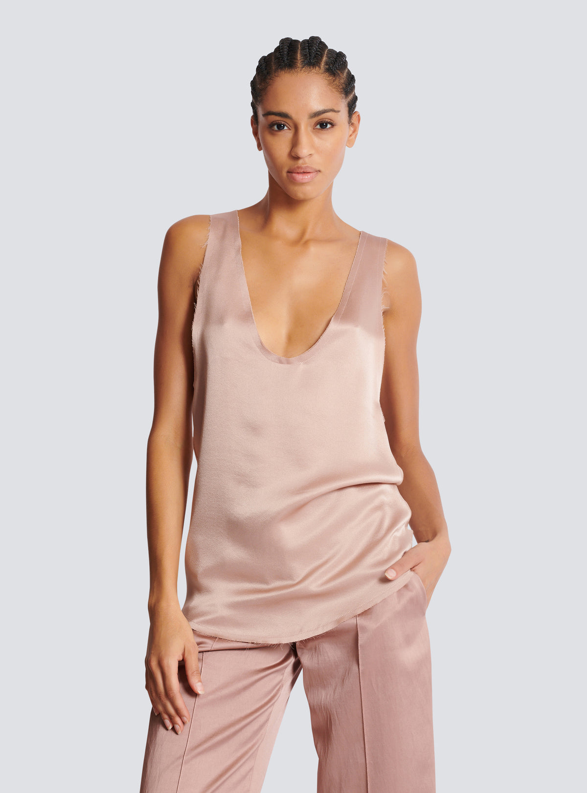 Top en crêpe de soie à fines bretelles - Beige Poudre