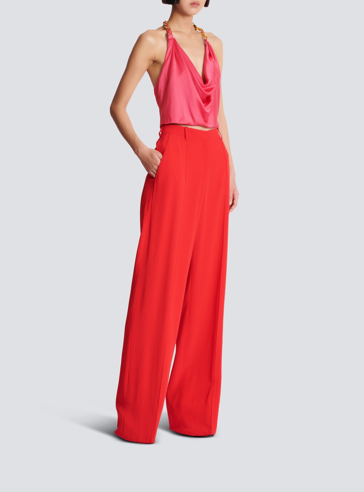 Top dos-nu drapé en soie - Rose Fuchsia