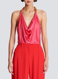 Top dos-nu drapé en soie  - Rose Fuchsia