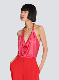 Top dos-nu drapé en soie  - Rose Fuchsia