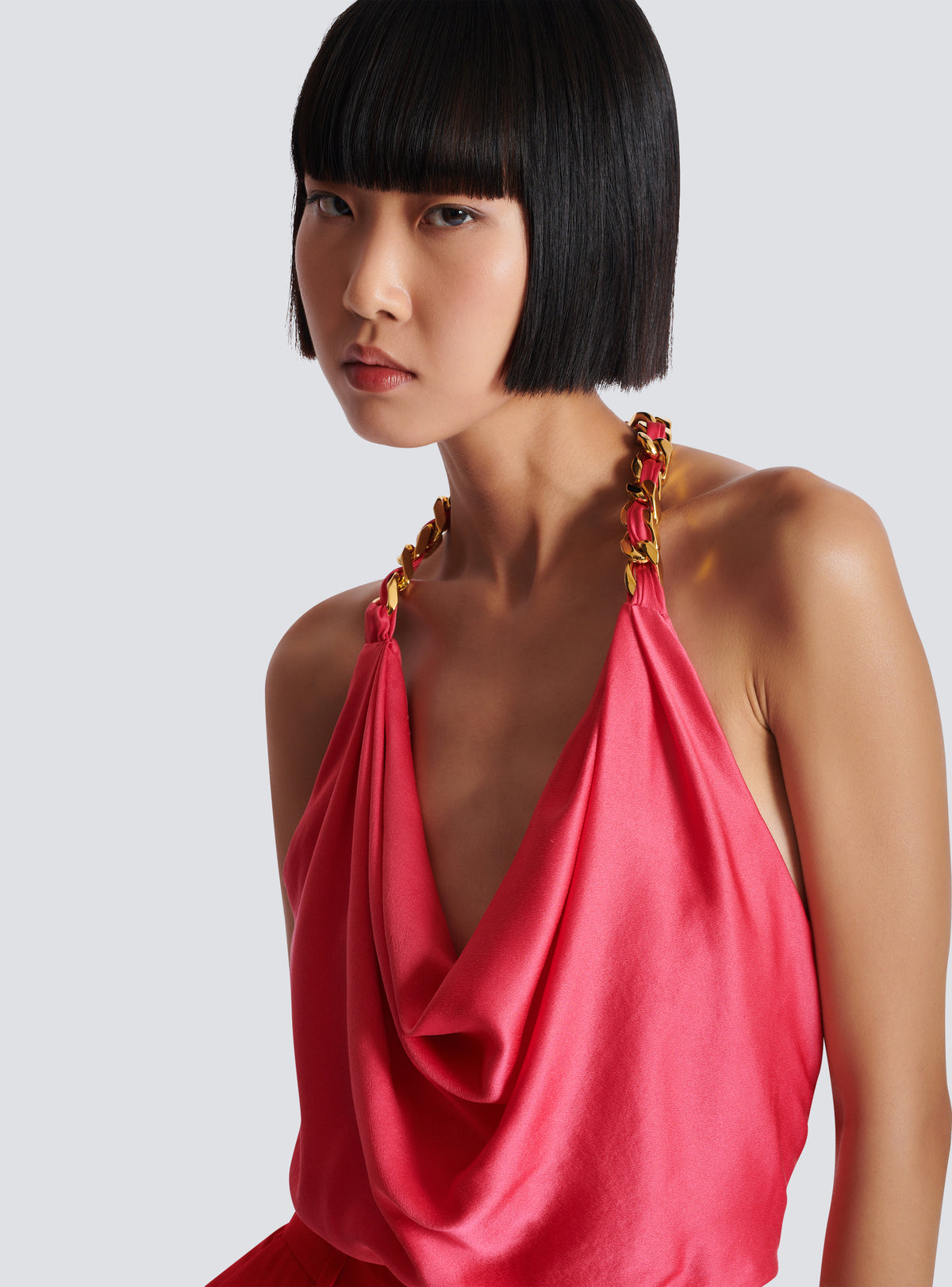 Top dos-nu drapé en soie  - Rose Fuchsia